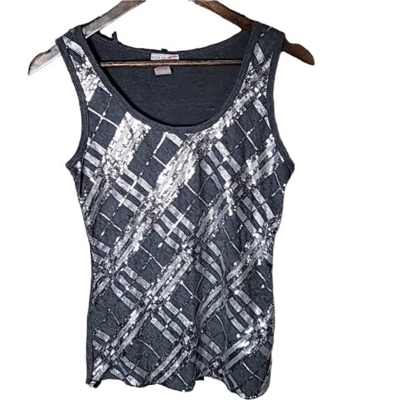 Body Central Womens Grey Silver Sequin  Stripes Tank Top Juniors Size Large - Picture 1 of 8